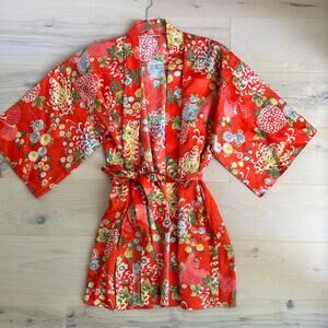 Vintage 70s Kimono Short Robe Orange floral Print Belted Pockets Loungewear Pool